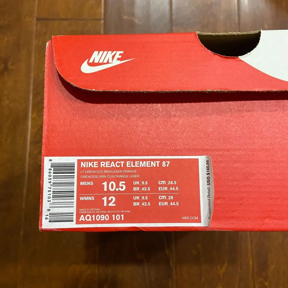 Nike React Element 87 Light Orewood Brown Laser Orange AQ1090-101 Mens Size 10.5